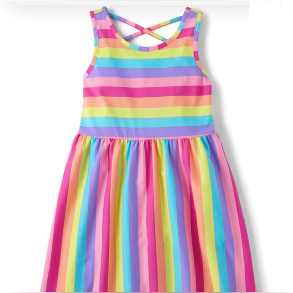 NWT: Girls Rainbow Striped Cross-Back Dress- Multi Color - Picture 2 of 5